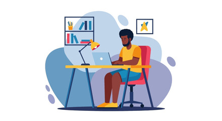 Focused man working remotely on laptop at his home office desk. Ideal for concepts of productivity, digital learning, and modern work life.