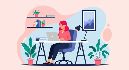 Woman working on laptop in cozy home office, embodying remote work and digital productivity. Ideal for lifestyle and business concepts.