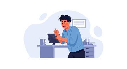 An office worker experiences wrist pain while working at his desk, highlighting workplace health issues and stress from prolonged computer use.