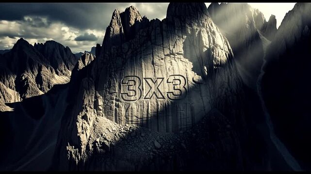 Epic Cinematic Reveal of a 3X3 Logo Carved into a Majestic Mountain Peak with Dramatic God Rays