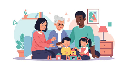 Joyful multi-generational family playing with building blocks at home. Illustrates family bonding, togetherness, childhood development, and happy memories.