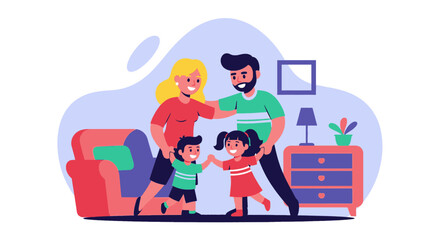 Joyful family with two children bonding happily at home, representing love, security, and a carefree childhood. Ideal for parenting or lifestyle themes.