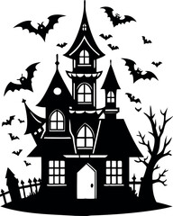 Black silhouette of a spooky haunted house with bats for Halloween