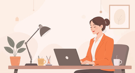 Focused professional woman working remotely on laptop in a calm home office setting, promoting productivity and modern work life.