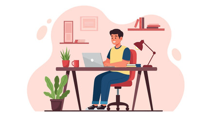 Young man happily working on laptop at home office desk. Ideal for remote work, online learning, or digital lifestyle concepts.