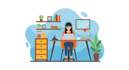 Young woman working from home office on laptop, surrounded by books and plants. Ideal for concepts of remote work, online learning, or comfortable productivity.