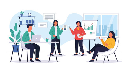 Diverse team collaborates in a modern office, engaged in a business presentation and discussion. Ideal for corporate, teamwork, and professional development concepts.