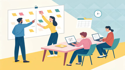 Business team actively collaborating in a modern office, brainstorming ideas on a whiteboard with sticky notes. Illustrates teamwork, project planning, and efficient workflow.
