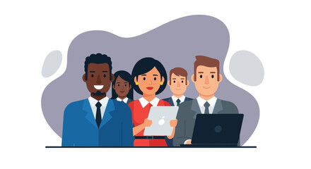 Diverse group of professional business people smiling, collaborating with technology. Ideal for concepts of teamwork, success, and global business.