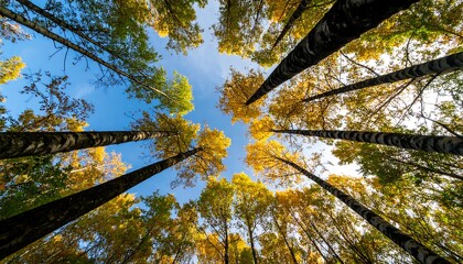 Low-angle view of tall trees with yellow autumn leaves against a bright blue sky