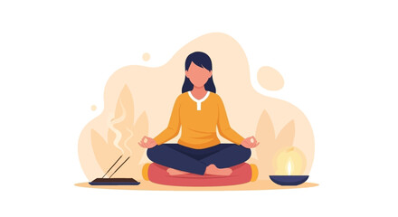 Serene woman in lotus pose meditating, surrounded by incense smoke and a glowing candle. Represents peace, mindfulness, and stress relief.