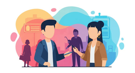 Two people connect via smartphones in a vibrant urban setting, representing digital communication, social networking, and modern lifestyle.