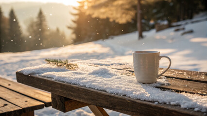 A Mug on a Snowy Picnic Table