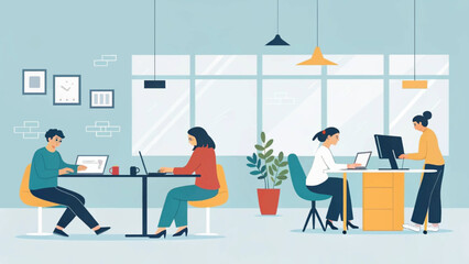 Diverse team of professionals working productively in a bright, modern, and collaborative office environment. Ideal for business, technology, and corporate themes.