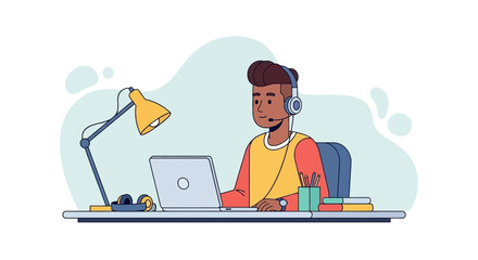 Focused person with headset and laptop at a desk, illustrating remote work, online learning, or virtual meetings.