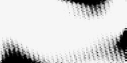 Grunge halftone gradient background. Faded grit noise texture. White and black sand wallpaper. Retro pixelated backdrop. Anime or manga style comic overlay. Vector