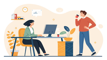 Two colleagues in a vibrant office setting, one works at her computer while the other enjoys a coffee break. Symbolizes collaboration and modern workplace dynamics.