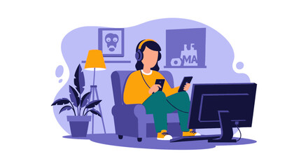 A person relaxes at home, immersed in digital entertainment with headphones and devices, suitable for lifestyle, leisure, or remote work concepts.