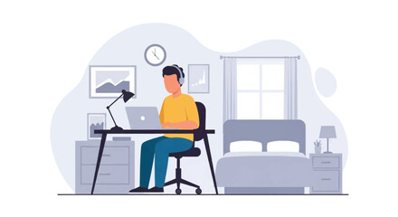Young man focused on laptop work in a comfortable home office setting, illustrating remote productivity and online education.