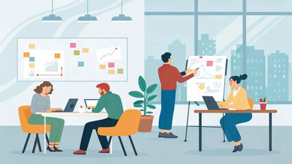 Dynamic office environment with diverse team collaborating on business strategy. Professionals analyze data and present ideas, fostering growth and success.