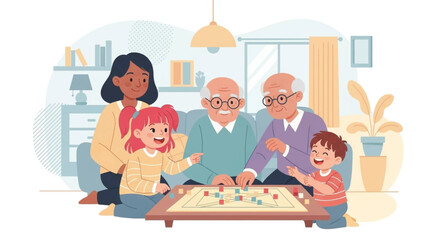 Happy multi-generational family enjoys a fun board game night at home. Illustrates family togetherness, joy, and intergenerational bonding.