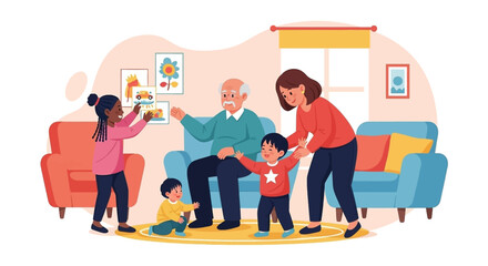 Happy multi-generational family spending quality time together at home, fostering connection and support. Ideal for family life, childhood, and elder care concepts.