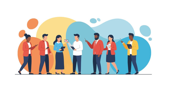 Diverse group engaging with digital devices, highlighting communication, social connection, and modern work environment.