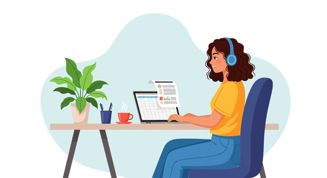 Woman happily working from home on her laptop with headphones, enjoying a comfortable remote work setup. Ideal for business, education, or lifestyle content.
