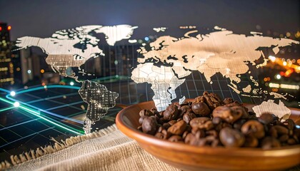 A global coffee trade map overlaid on a nighttime cityscape, showcasing coffee beans in a bowl.