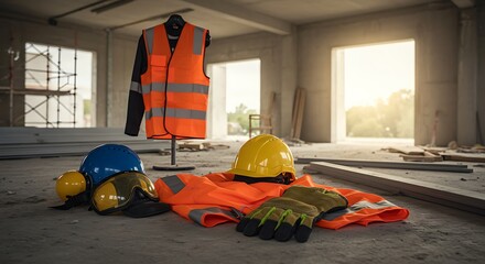 Safety first in construction Essential personal protective equipment like helmets and vests at a building site.