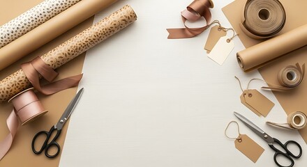Flat lay of eco-friendly gift wrapping essentials: kraft paper rolls, patterned designs, ribbons, gift tags, and scissors on a white wooden background with copy space.