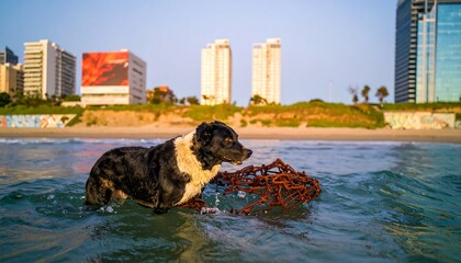 A black and white dog plays with an old rusty fishing net in the ocean waves, with modern buildings in the background.