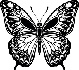 Intricate black and white butterfly illustration with unique wing pattern design