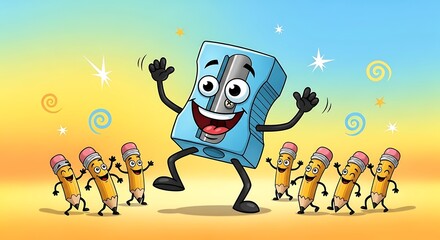 A cheerful cartoon pencil sharpener dancing with a group of happy pencils