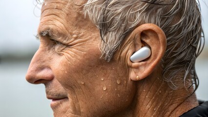 Senior&rsquo;s ear behind sweat-damp hair with wireless earbud. Intimate close-up of a senior wearing a wireless earbud, strands of damp hair against the ear&mdash;capturing modern vitality and endura