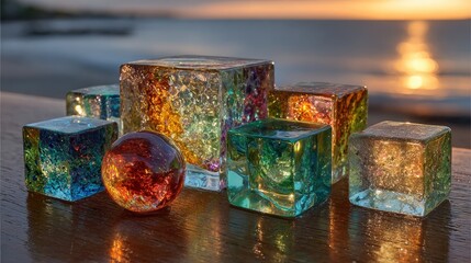 Colorful glass cubes and sphere on wooden surface at sunset