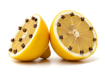 Two halves of a lemon studded with cloves on a white background