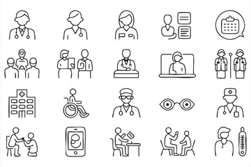 Minimalist Medical Line Icons for Doctors, Nurses, and Patient Care
