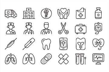 Health and Medical Icons: Healthcare System, Syringe, and Patient Support