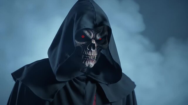 Close-up portrait of a grim reaper figure with a skull face and a black hooded cloak.
