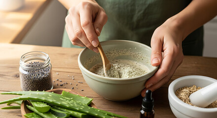 Person mixing ingredients in bowl with aloe vera lavender and oats on wooden table top view shot