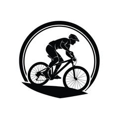 Silhouette of a cyclist riding a mountain bike within a circular frame, in motion.