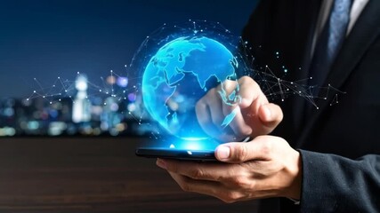 Global Business Network: Businessman uses digital globe on smartphone for global connection - Powered by Adobe