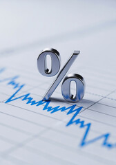 Fototapeta premium Silver percentage symbol rests on financial graph with blue line