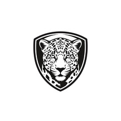 A stylized black and white graphic of a jaguar's head, enclosed within a shield-like design.