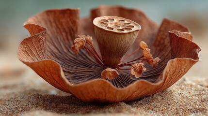 Dried lotus flower seed pod resting on sand