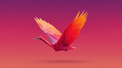 Fototapeta premium Colorful origami crane in flight against gradient background