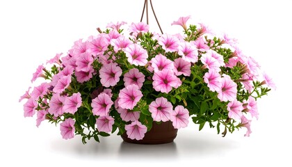 Fototapeta premium Abundant Pink Petunias Cascading in a Hanging Basket Against a Clean White Background.