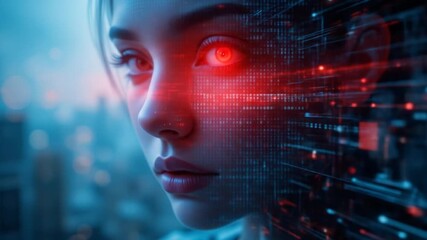 Futuristic android woman with red glowing eyes, technology face animation digital processing, - Powered by Adobe