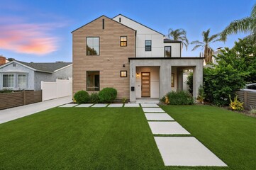 Modern suburban house with manicured lawn at sunset.